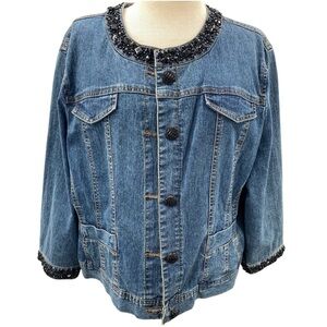 Ruby Rd. Denim Blue Jean Jacket Black Jewel Neck Size 16
